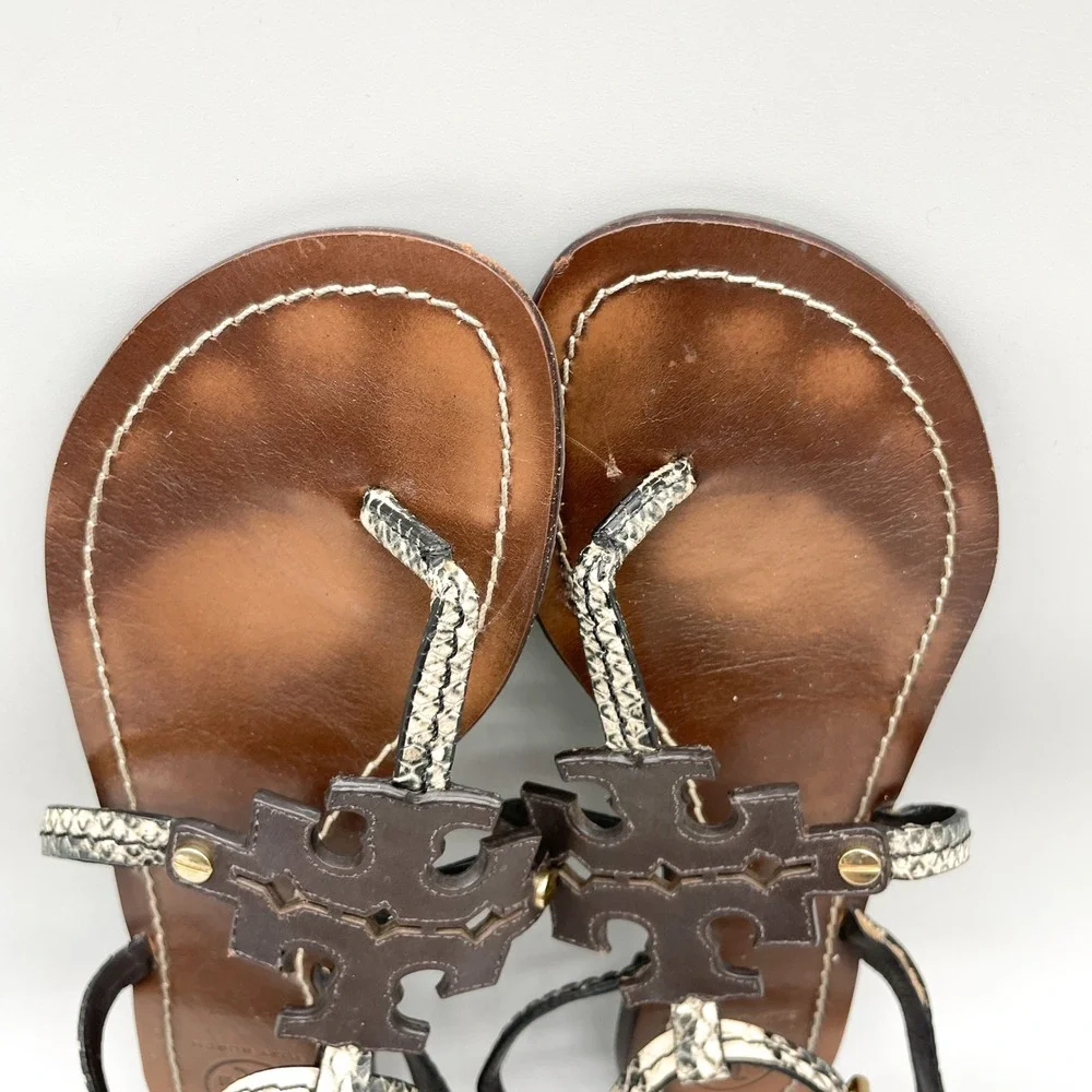 Tory Burch Womens 8M Miller Thong Sandals Brown Snakeskin Leather Flat Preppy